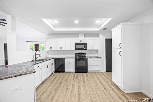 268 Cordova Loop, Seguin, TX 78155 - kitchen with black appliances, a tray ceiling, a sink, light wood finished floors, and recessed lighting