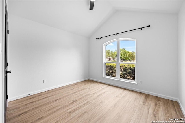 268 Cordova Loop, Seguin, TX 78155 - unfurnished room with ceiling fan, wood finished floors, vaulted ceiling, and baseboards