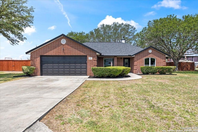 268 Cordova Loop, Seguin, TX 78155 - single story home featuring a garage, brick siding, concrete driveway, a chimney, and roof with shingles