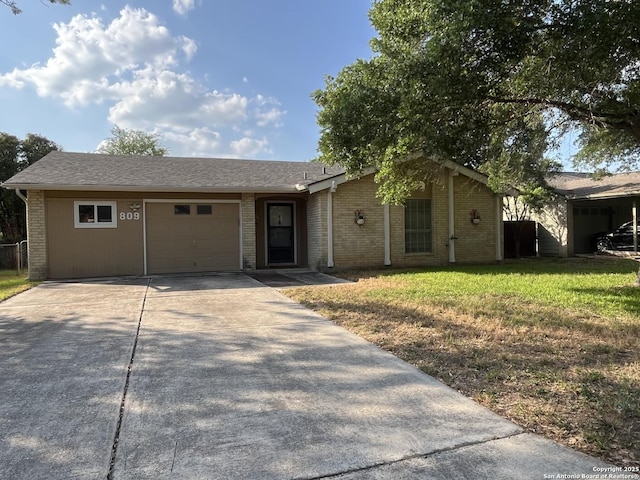 809 Marilyn, Schertz, TX 78154 - ranch-style house with driveway, a garage, brick siding, and a front yard