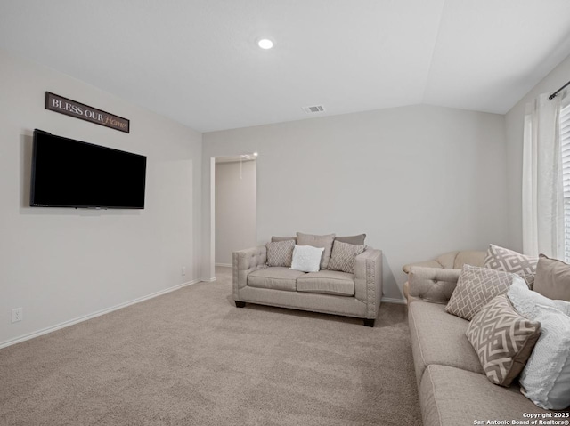6416 Embankment, San Antonio, TX 78252 - living room with baseboards, vaulted ceiling, carpet, attic access, and recessed lighting