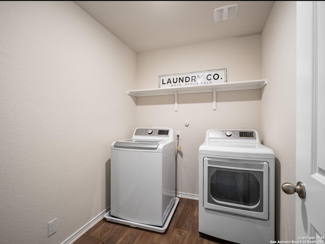 6416 Embankment, San Antonio, TX 78252 - washroom featuring washer and dryer, dark wood-style floors, and baseboards