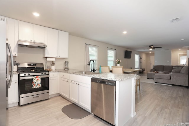 1206 Kiskadee Way, San Antonio, TX 78245 - kitchen featuring stainless steel appliances, under cabinet range hood, a sink, a peninsula, and light wood finished floors