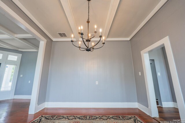 2007 S Presa, San Antonio, TX 78210 - empty room featuring wood finished floors, a chandelier, beam ceiling, crown molding, and baseboards