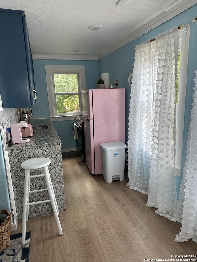 2007 S Presa, San Antonio, TX 78210 - kitchen with freestanding refrigerator, light wood-type flooring, blue cabinets, crown molding, and electric stove
