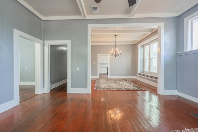 2007 S Presa, San Antonio, TX 78210 - spare room featuring a chandelier, hardwood / wood-style flooring, beamed ceiling, baseboards, and ornamental molding