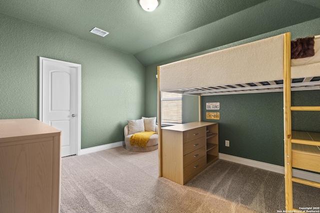 7618 Desperado, Boerne, TX 78015 - bedroom featuring a textured wall, vaulted ceiling, and dark colored carpet