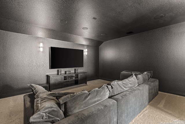 7618 Desperado, Boerne, TX 78015 - cinema with a textured wall, carpet floors, baseboards, vaulted ceiling, and a textured ceiling