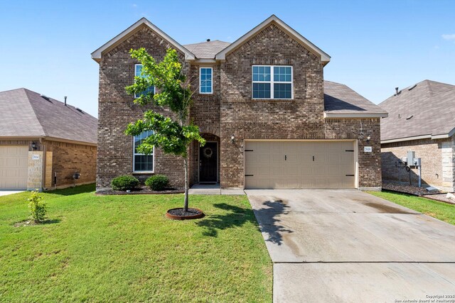 7618 Desperado, Boerne, TX 78015 - traditional home with brick siding, concrete driveway, and a front yard