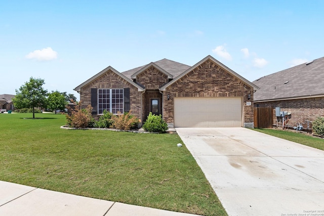 122 Braeburn, Boerne, TX 78015 - view of front of house featuring an attached garage, driveway, a front lawn, and brick siding
