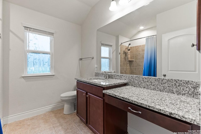 122 Braeburn, Boerne, TX 78015 - bathroom with lofted ceiling, toilet, vanity, tiled shower, and baseboards