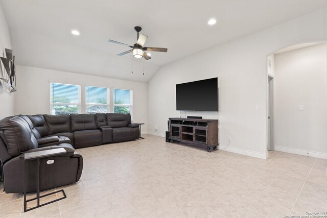 122 Braeburn, Boerne, TX 78015 - living room with arched walkways, ceiling fan, vaulted ceiling, recessed lighting, and baseboards