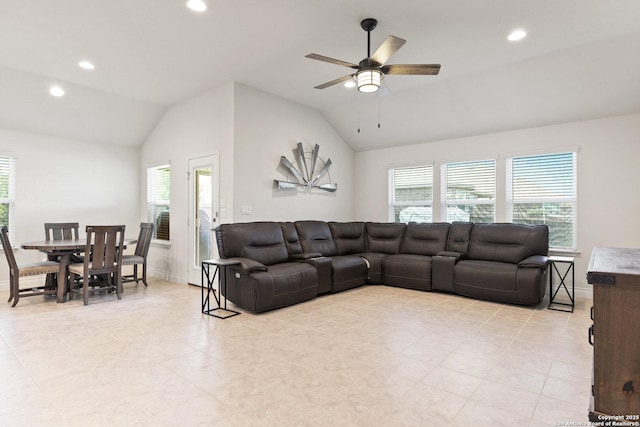 122 Braeburn, Boerne, TX 78015 - living area featuring lofted ceiling, ceiling fan, recessed lighting, baseboards, and light tile patterned floors