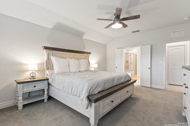 122 Braeburn, Boerne, TX 78015 - bedroom featuring light colored carpet, baseboards, vaulted ceiling, ensuite bathroom, and a ceiling fan