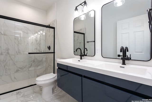 155 Vine St, San Antonio, TX 78210 - bathroom featuring marble finish flooring, toilet, a marble finish shower, and double vanity