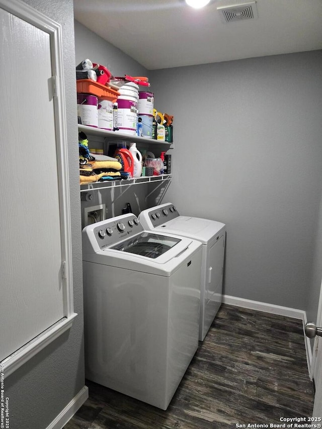 11002 Colt Chase, San Antonio, TX 78254 - laundry area featuring washing machine and dryer, dark wood-style flooring, and baseboards