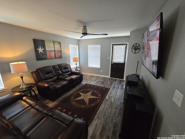 11002 Colt Chase, San Antonio, TX 78254 - living area with wood finished floors, a ceiling fan, and baseboards