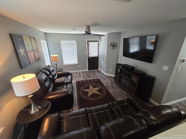 11002 Colt Chase, San Antonio, TX 78254 - living room featuring ceiling fan, wood finished floors, and baseboards