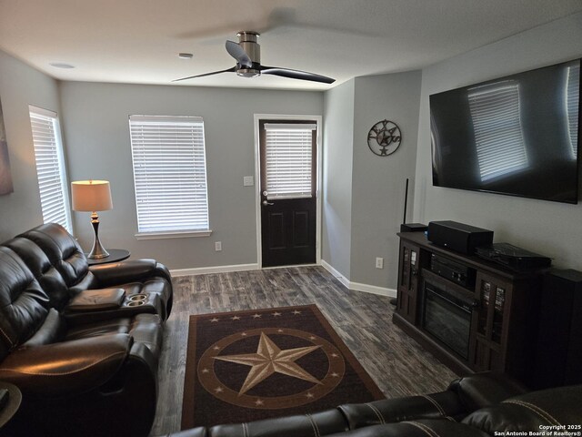 11002 Colt Chase, San Antonio, TX 78254 - living area with a ceiling fan, wood finished floors, and baseboards