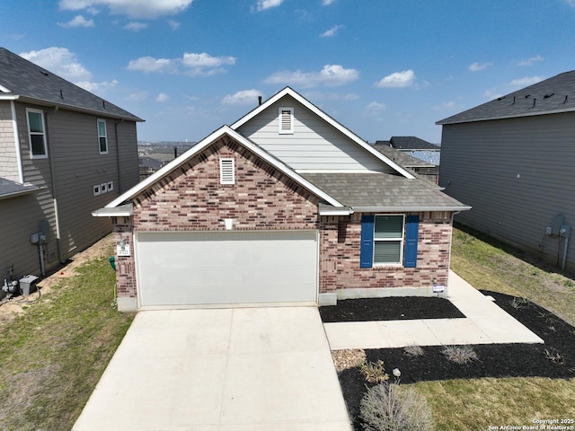 9321 Devils Riv, Converse, TX 78109 - traditional home with brick siding, a garage, roof with shingles, concrete driveway, and a front lawn