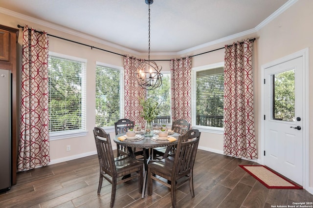 25318 Pleasant Bch, San Antonio, TX 78255 - dining room with a chandelier, dark wood-style flooring, baseboards, ornamental molding, and plenty of natural light