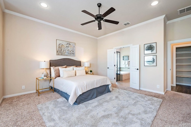 25318 Pleasant Bch, San Antonio, TX 78255 - carpeted bedroom with baseboards, ornamental molding, recessed lighting, a walk in closet, and connected bathroom