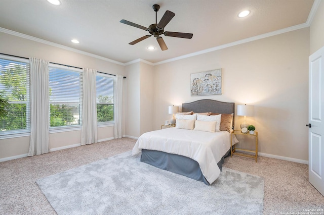 25318 Pleasant Bch, San Antonio, TX 78255 - bedroom with carpet flooring, recessed lighting, crown molding, baseboards, and ceiling fan