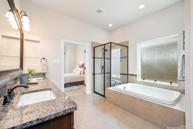 25318 Pleasant Bch, San Antonio, TX 78255 - ensuite bathroom with a shower stall, double vanity, a garden tub, tile patterned flooring, and recessed lighting
