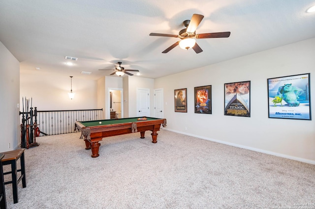 25318 Pleasant Bch, San Antonio, TX 78255 - rec room featuring carpet floors, a ceiling fan, billiards table, and baseboards
