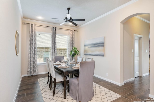 25318 Pleasant Bch, San Antonio, TX 78255 - dining space with arched walkways, wood finished floors, crown molding, baseboards, and a ceiling fan