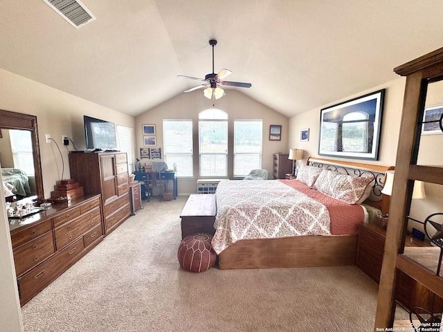 187 Tracks Trl, Center Point, TX 78010 - bedroom with light carpet, lofted ceiling, an office area, and ceiling fan