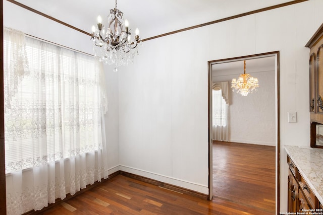 2150 W Summit Ave, San Antonio, TX 78201 - unfurnished dining area with a chandelier, dark wood-type flooring, and baseboards