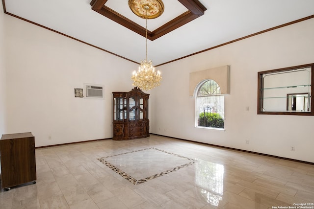 2150 W Summit Ave, San Antonio, TX 78201 - empty room featuring baseboards, a chandelier, a wall mounted AC, crown molding, and a towering ceiling