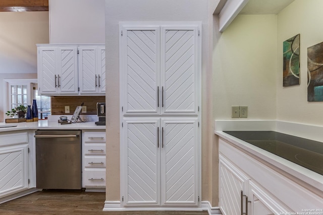 8537 Classic Oaks Ln, San Antonio, TX 78255 - kitchen with dishwasher, white cabinetry, dark wood finished floors, and light countertops