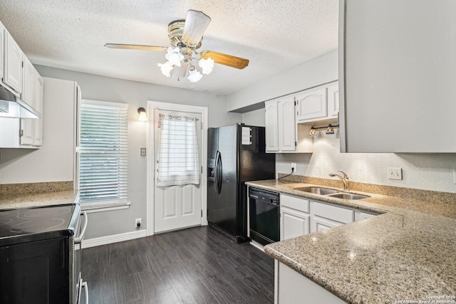 2300 Nacogdoches Rd Unit 164R, San Antonio, TX 78209 - kitchen featuring a sink, black appliances, white cabinets, ceiling fan, and dark wood-style floors