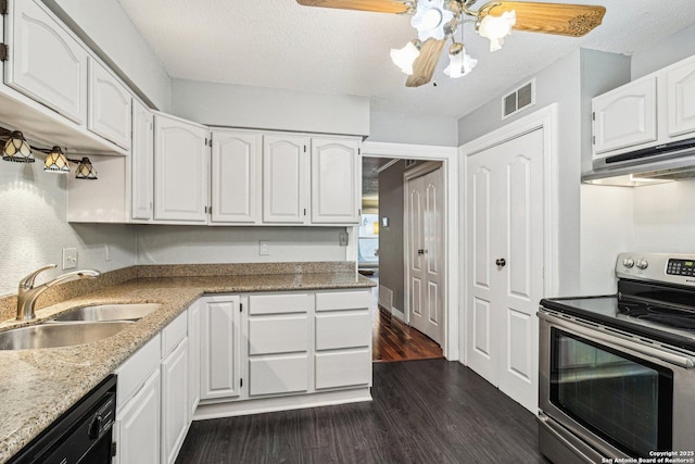 2300 Nacogdoches Rd Unit 164R, San Antonio, TX 78209 - kitchen featuring electric stove, a sink, under cabinet range hood, black dishwasher, and white cabinets