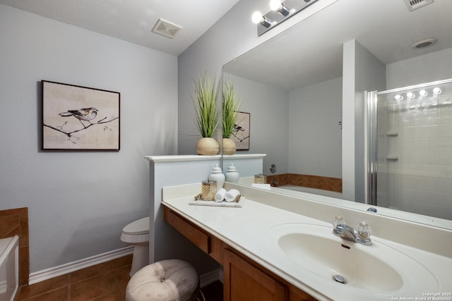 9911 Sable Arrow, San Antonio, TX 78251 - bathroom with vanity, a bath, toilet, a stall shower, and baseboards