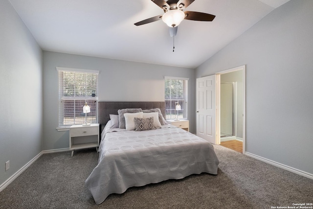 9911 Sable Arrow, San Antonio, TX 78251 - carpeted bedroom featuring multiple windows, vaulted ceiling, a ceiling fan, and baseboards