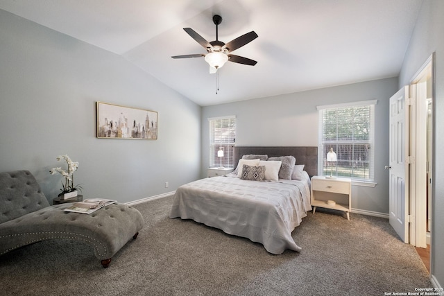 9911 Sable Arrow, San Antonio, TX 78251 - bedroom with multiple windows, carpet floors, baseboards, lofted ceiling, and ceiling fan