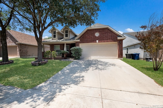 9911 Sable Arrow, San Antonio, TX 78251 - traditional-style house featuring brick siding, a garage, concrete driveway, and a front yard