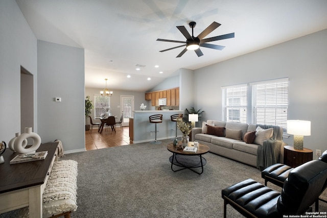 9911 Sable Arrow, San Antonio, TX 78251 - living area with light carpet, a chandelier, lofted ceiling, a ceiling fan, and light tile patterned floors