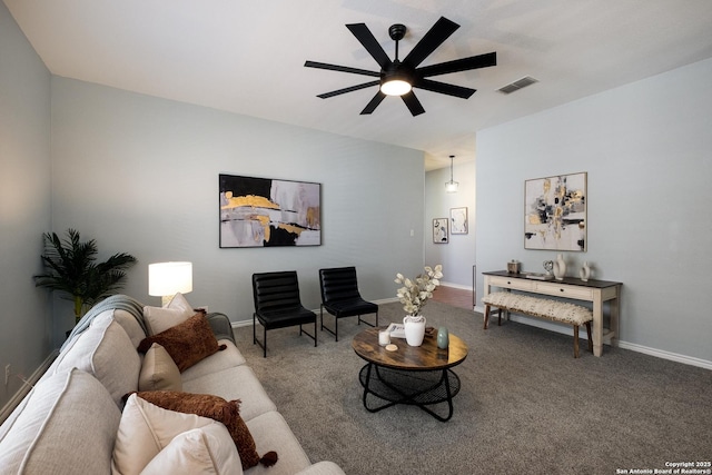 9911 Sable Arrow, San Antonio, TX 78251 - carpeted living area with a ceiling fan and baseboards