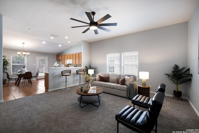 9911 Sable Arrow, San Antonio, TX 78251 - living area featuring a chandelier, healthy amount of natural light, lofted ceiling, a ceiling fan, and tile patterned floors