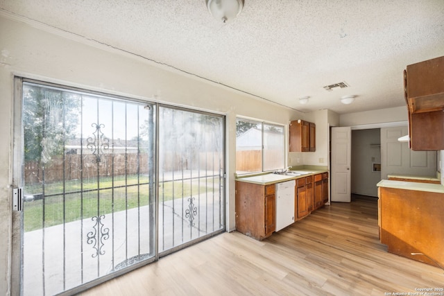 1324 Longmont, San Antonio, TX 78245 - kitchen with white dishwasher, brown cabinets, a textured ceiling, light wood-style flooring, and light countertops