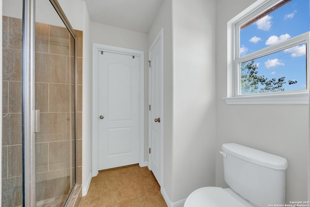 7702 Bit Cir, Elmendorf, TX 78112 - bathroom featuring toilet, tile patterned floors, and a stall shower