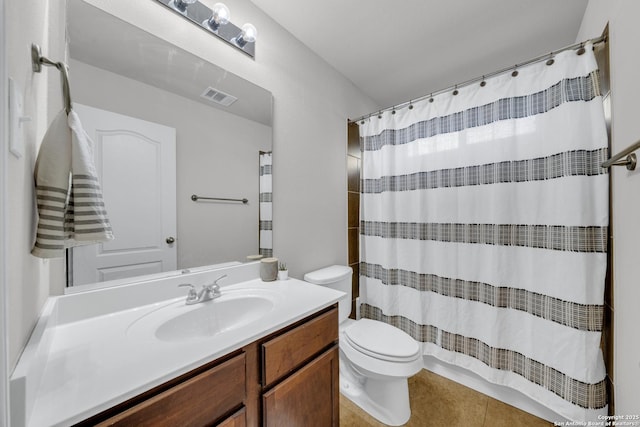 7702 Bit Cir, Elmendorf, TX 78112 - bathroom with toilet, vanity, tile patterned floors, and a shower with shower curtain