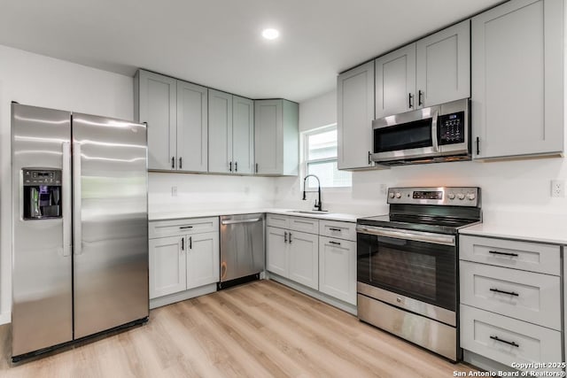 602 John Page, San Antonio, TX 78228 - kitchen featuring appliances with stainless steel finishes, a sink, light wood-style flooring, light countertops, and gray cabinets
