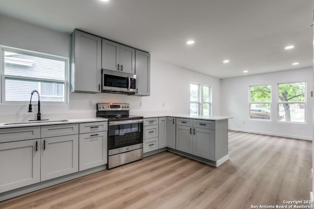 602 John Page, San Antonio, TX 78228 - kitchen featuring stainless steel appliances, a sink, gray cabinetry, a peninsula, and recessed lighting