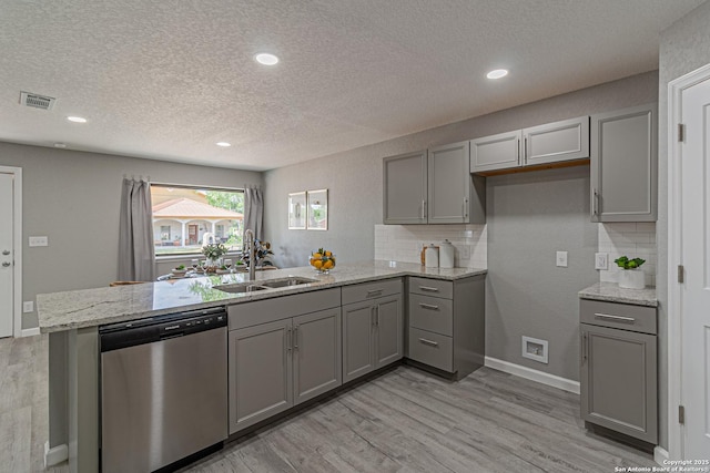 4935 Bartmer Ave, San Antonio, TX 78228 - kitchen with dishwasher, gray cabinets, a peninsula, a textured ceiling, and backsplash