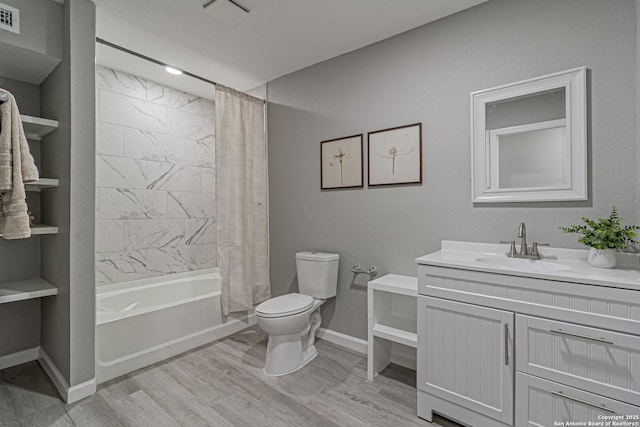 4935 Bartmer Ave, San Antonio, TX 78228 - bathroom with vanity, wood finished floors, and shower / bath combination with curtain